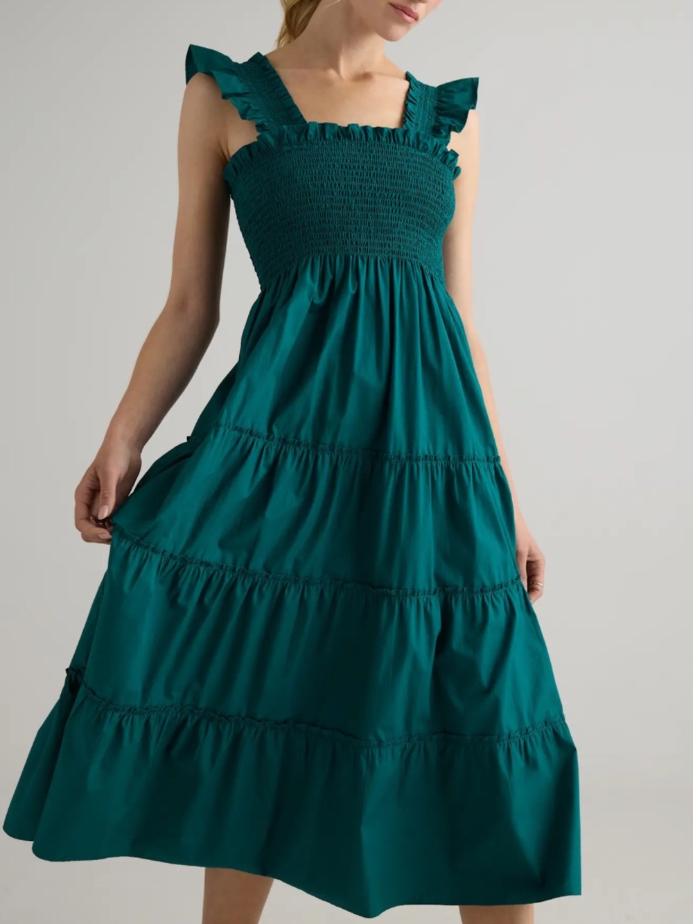 Quince 100% Organic Cotton Poplin Smocked Midi Dress in Garden Green